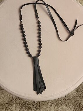 Women’s Black Beaded Tassel Necklace - Stylish Leather Fringe